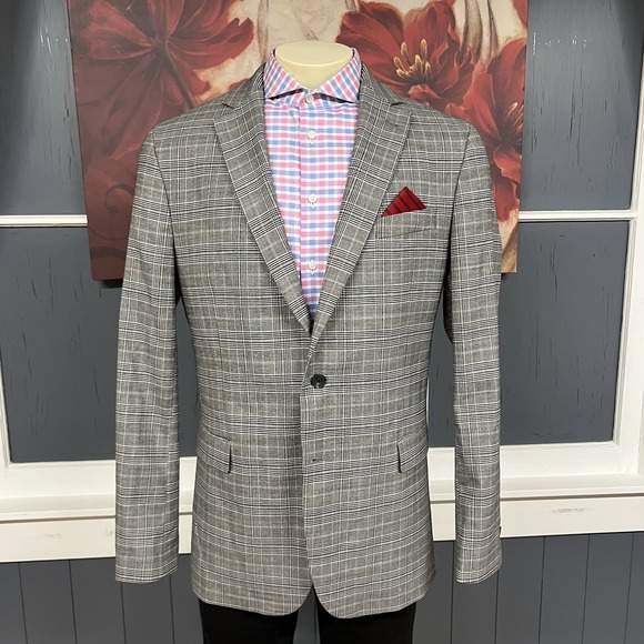 Kenneth Cole Blazer Sport Coat Mens 46L Long Slim Fit Wool Blend Stretch Gray - Picture 2 of 12